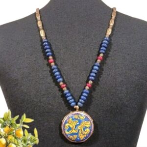 Patricia Nash Positano Beaded Ceramic Pendant Necklace Coral & Lapis